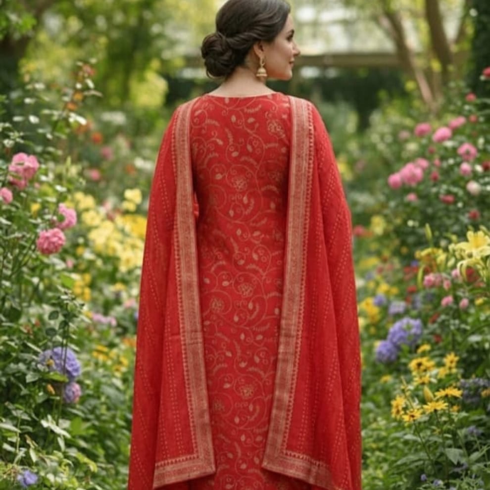 Premium Red Cotton Suit Set – Festive & Puja Wear