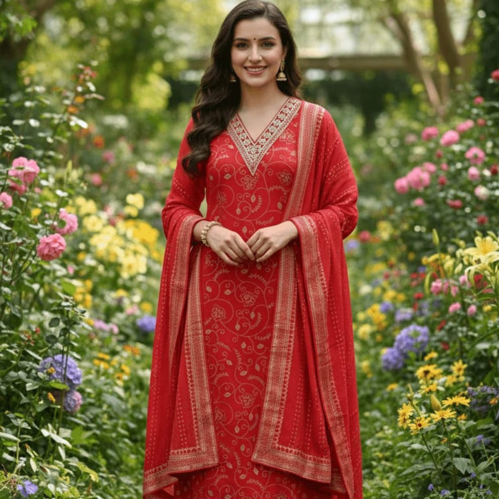 Premium Red Cotton Suit Set – Festive & Puja Wear
