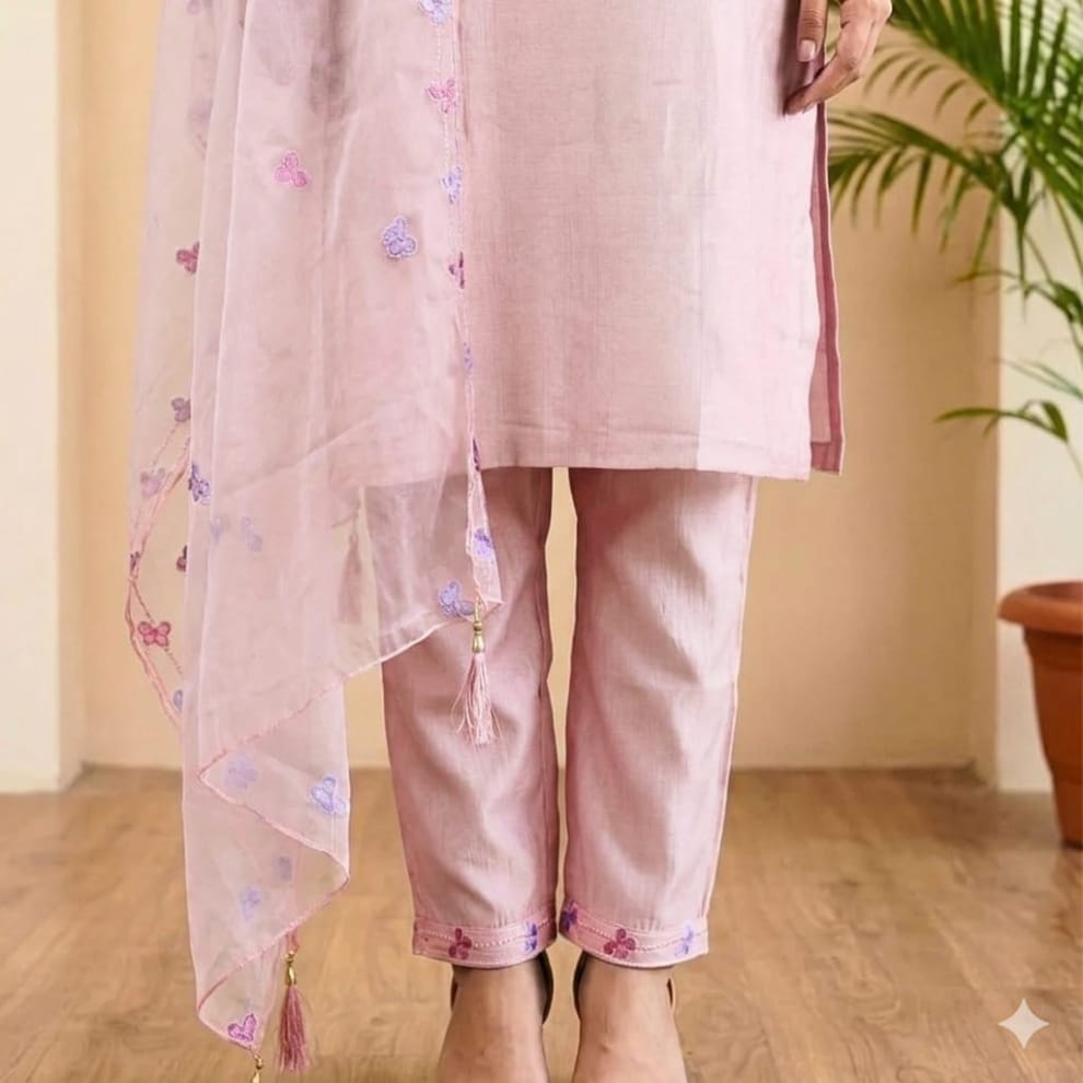 Person wearing a pink traditional outfit with a matching dupatta in a room with a plant.