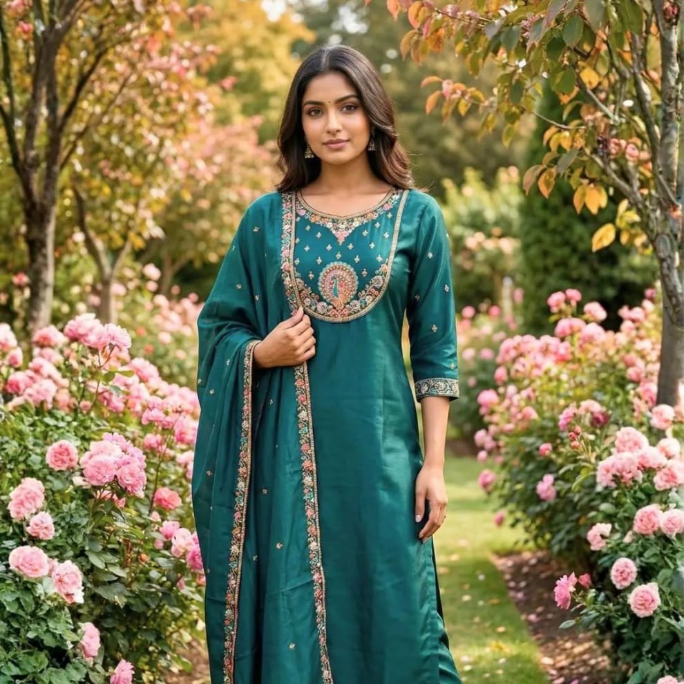 Emerald Noor Embroidered Roman Silk Suit Set with Dupatta