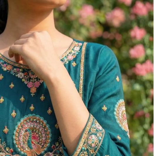 Emerald Noor Embroidered Roman Silk Suit Set with Dupatta