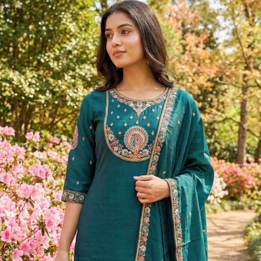 Emerald Noor Embroidered Roman Silk Suit Set with Dupatta