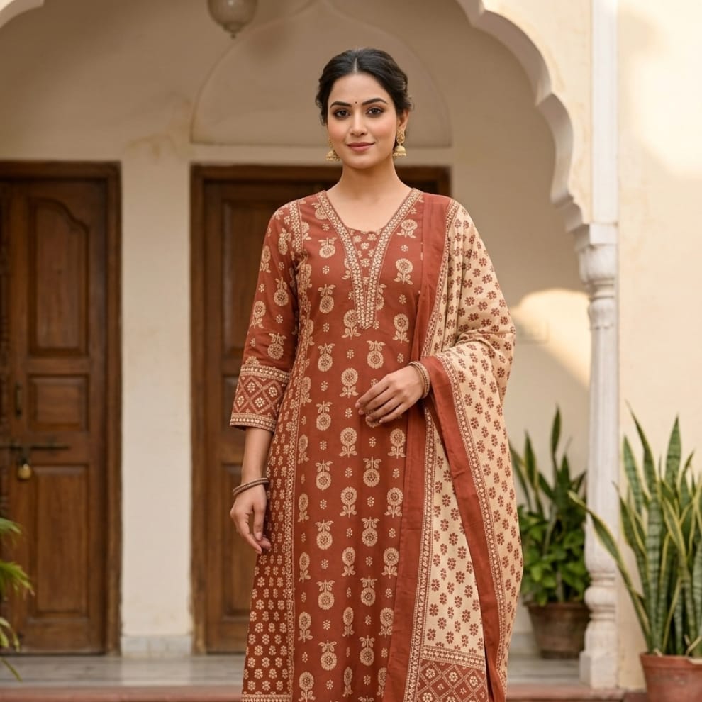 Royal Rust Handblock-Inspired Suit Set