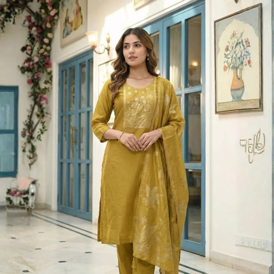 Mustard Premium Readymade Suit (Silk Fabric with Cotton Lining)
