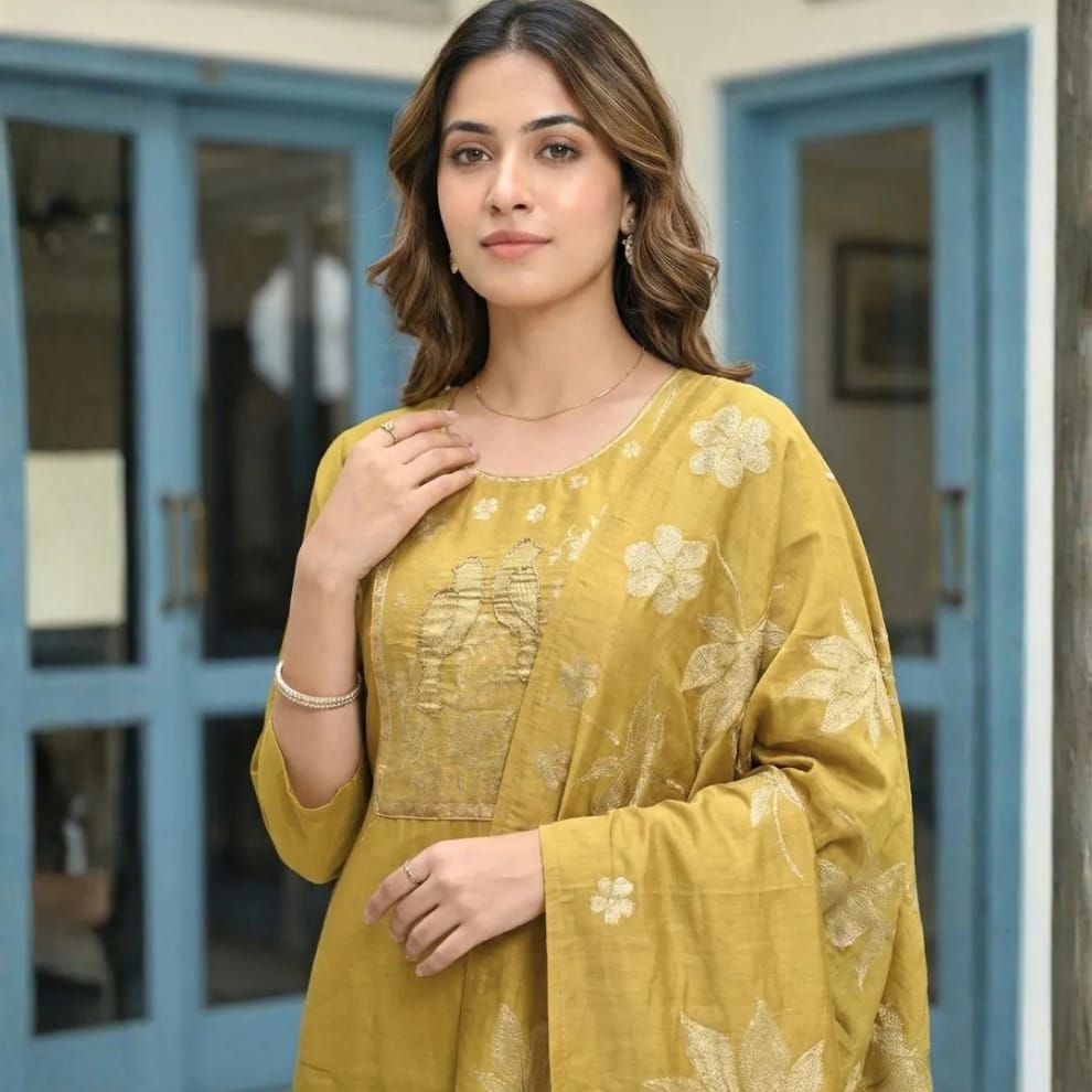 Mustard Premium Readymade Suit (Silk Fabric with Cotton Lining)