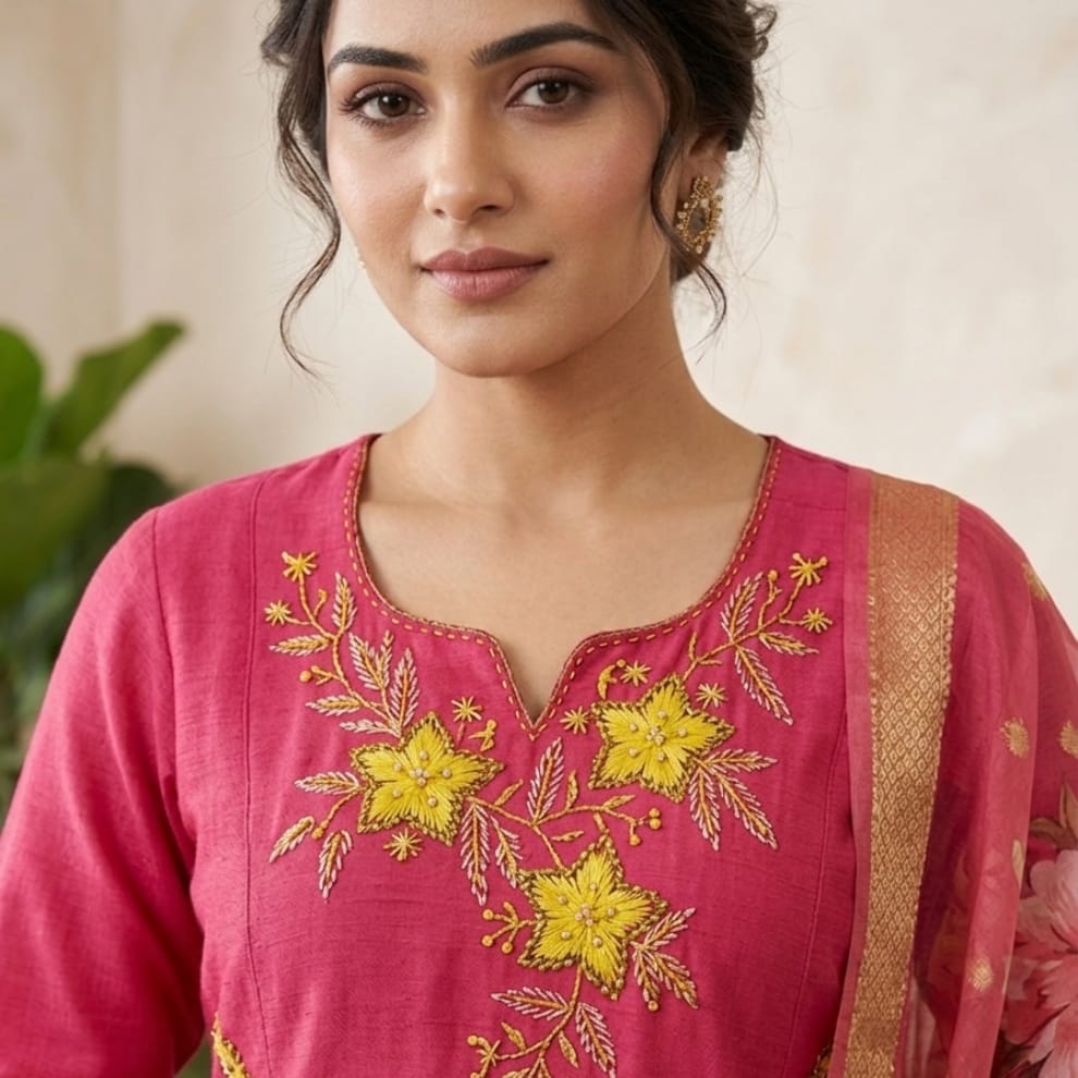 Rani Blossom Cotton Suit Set with Silk Duppata