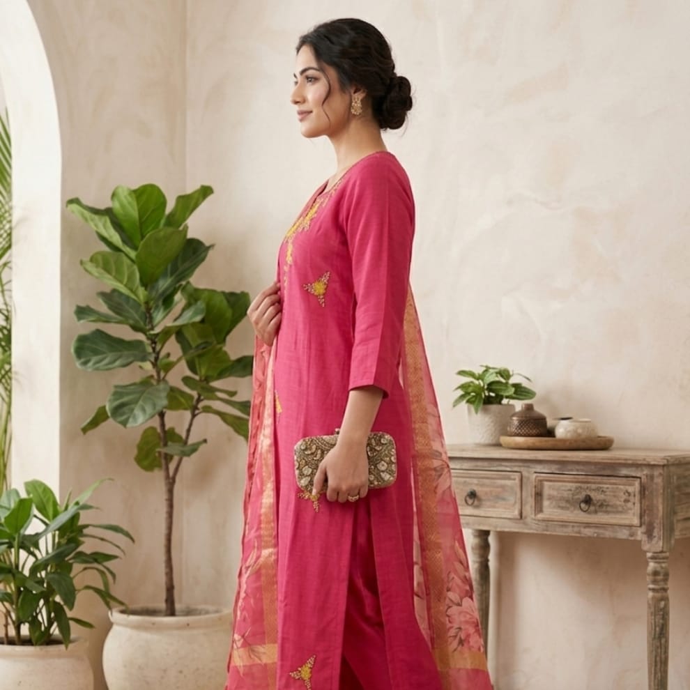 Rani Blossom Cotton Suit Set with Silk Duppata