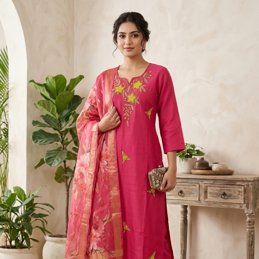 Rani Blossom Cotton Suit Set with Silk Duppata
