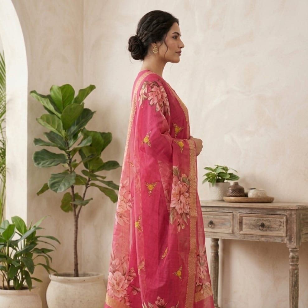 Rani Blossom Cotton Suit Set with Silk Duppata