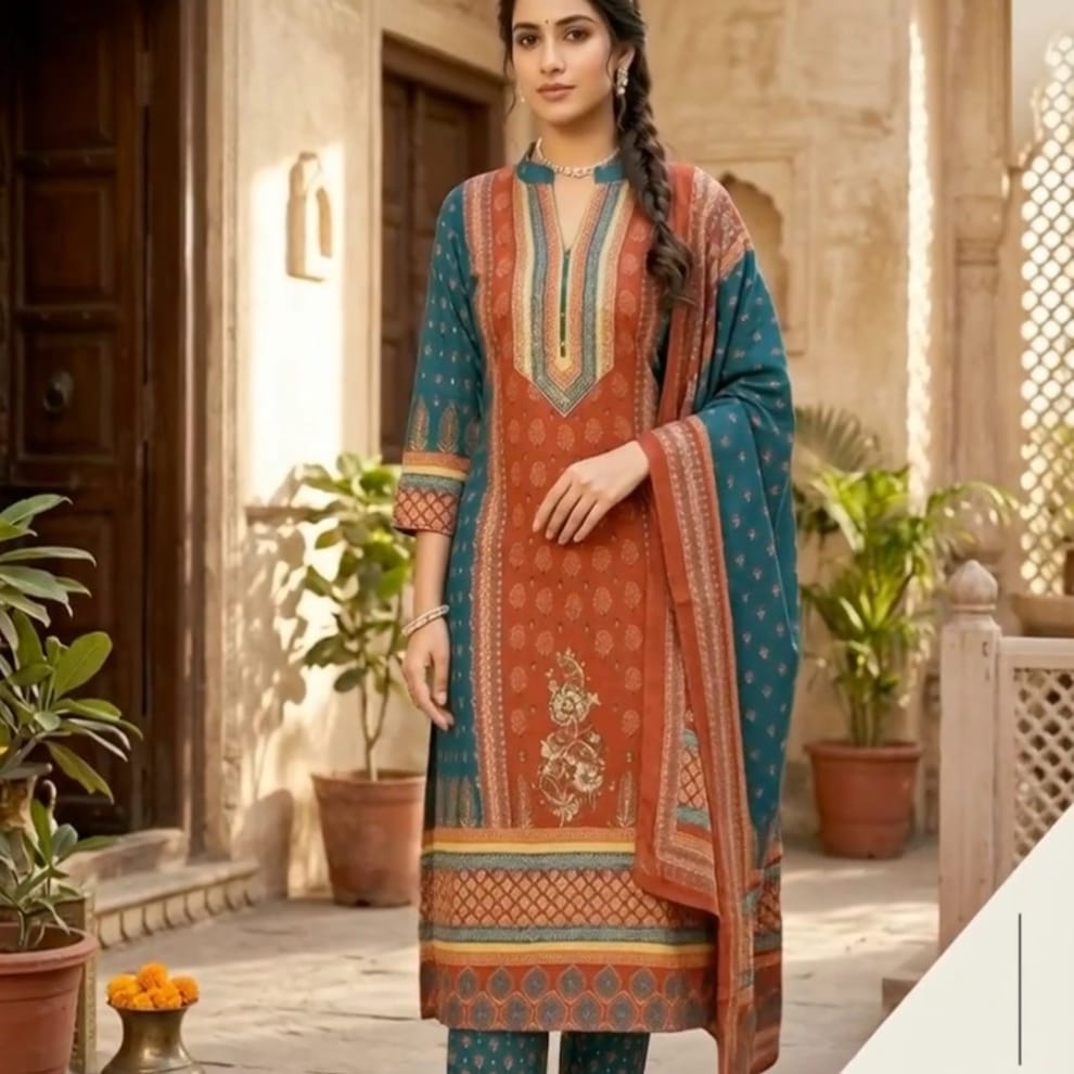 Heritage Rust Cotton Suit Set with Teal Dupatta