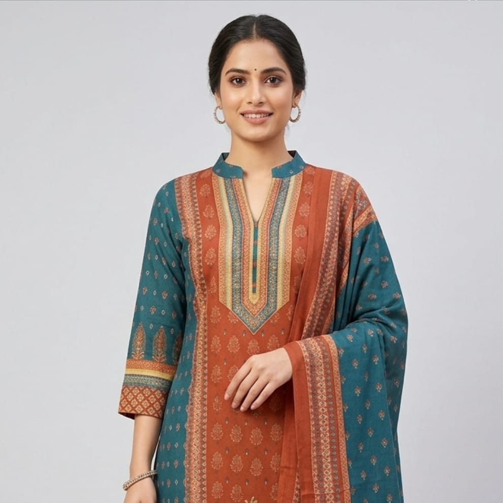 Heritage Rust Cotton Suit Set with Teal Dupatta