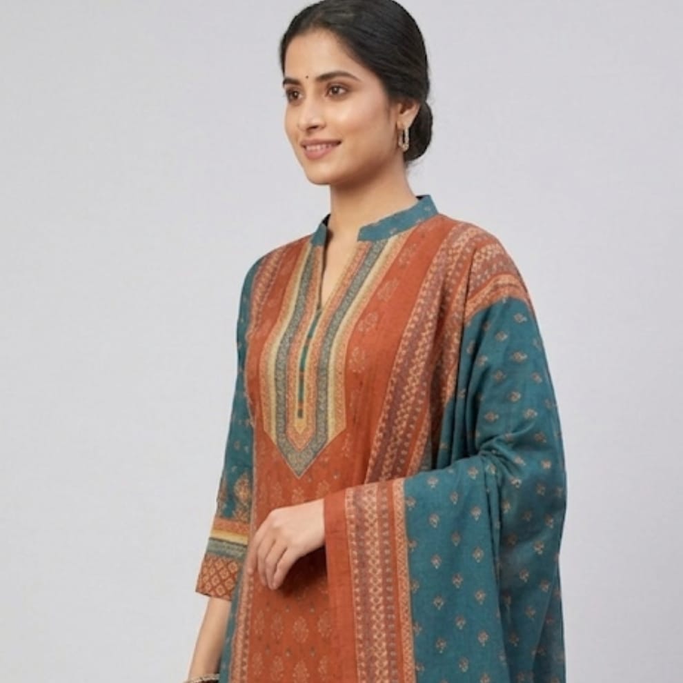 Heritage Rust Cotton Suit Set with Teal Dupatta
