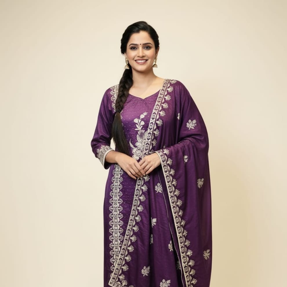 Purple Premium Unstitched Suit Set Crepe Fabric