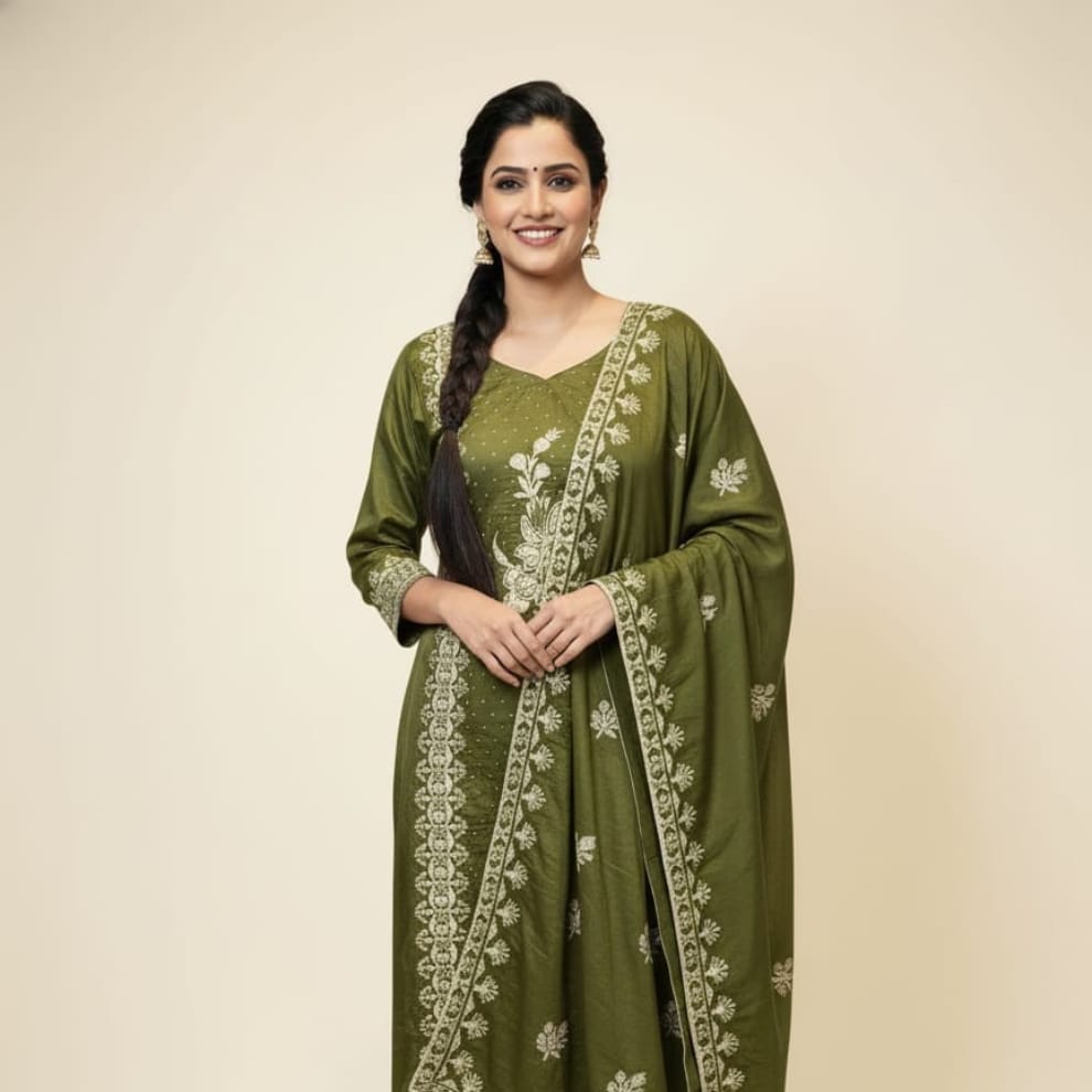 Green Premium Unstitched Suit Set Crepe Fabric
