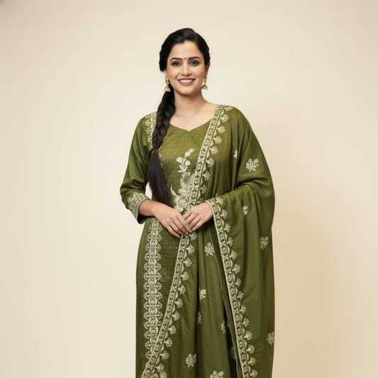 Green Premium Unstitched Suit Set Crepe Fabric