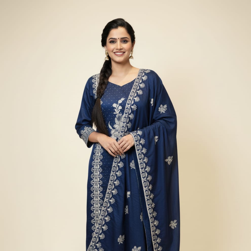 Blue Premium Unstitched Suit Set Crepe Fabric