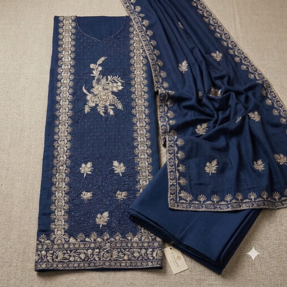 Blue Premium Unstitched Suit Set Crepe Fabric