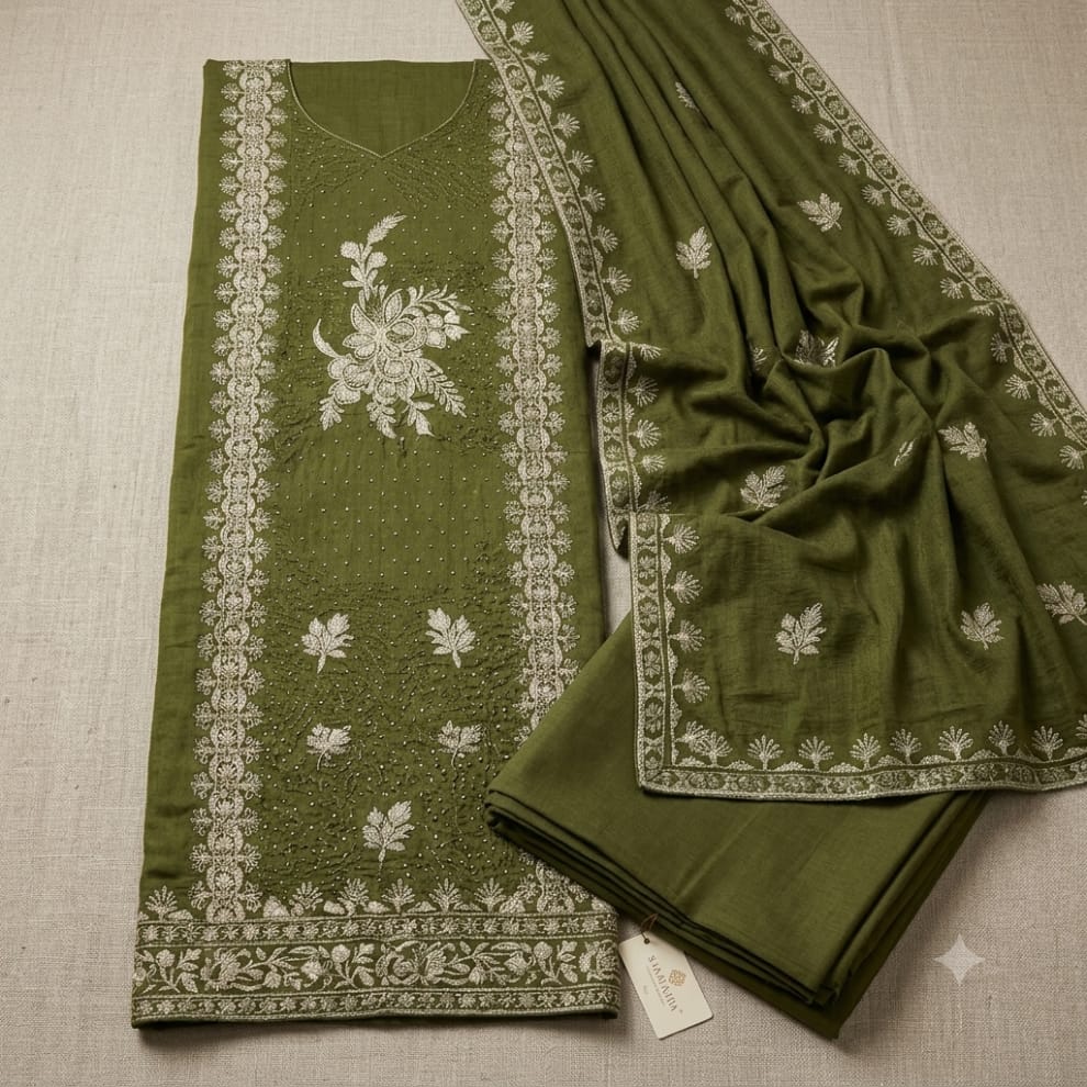 Green Premium Unstitched Suit Set Crepe Fabric