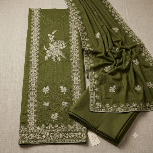 Green Premium Unstitched Suit Set Crepe Fabric