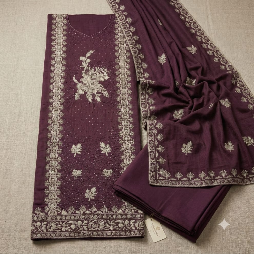 Purple Premium Unstitched Suit Set Crepe Fabric