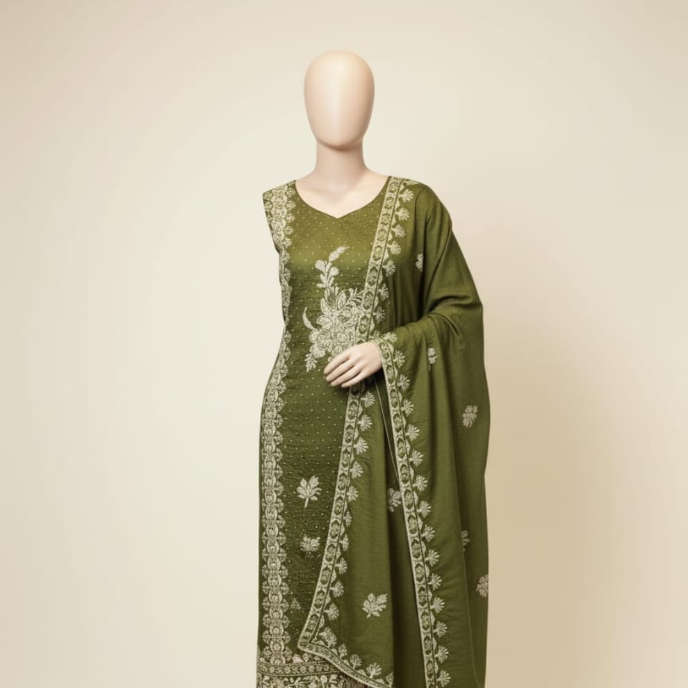 Green Premium Unstitched Suit Set Crepe Fabric