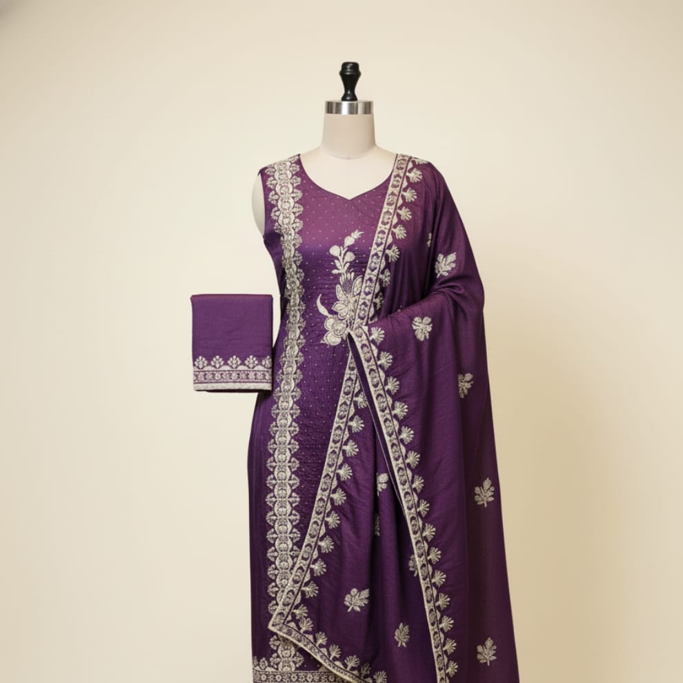 Purple Premium Unstitched Suit Set Crepe Fabric