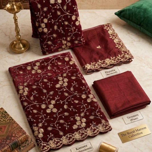 Maroon Premium Unstitched Designer Suit Set Material ( Tissue Silk)