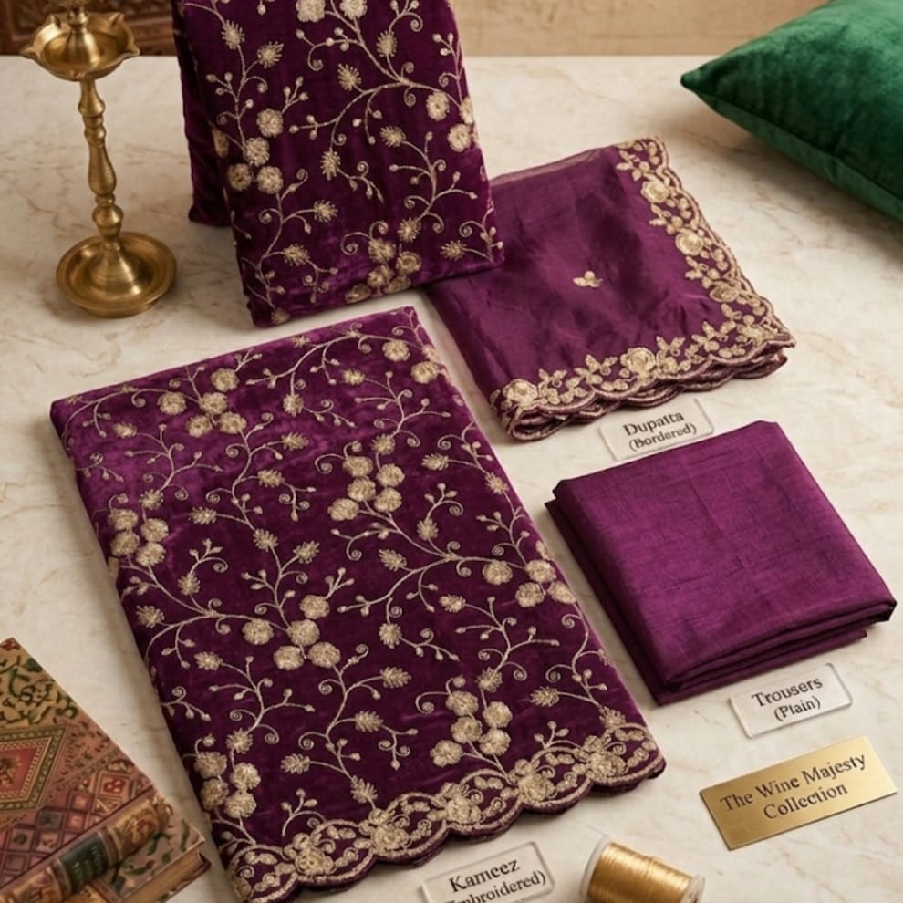 Wine Premium Unstitched Designer Suit Set Material ( Tissue Silk)