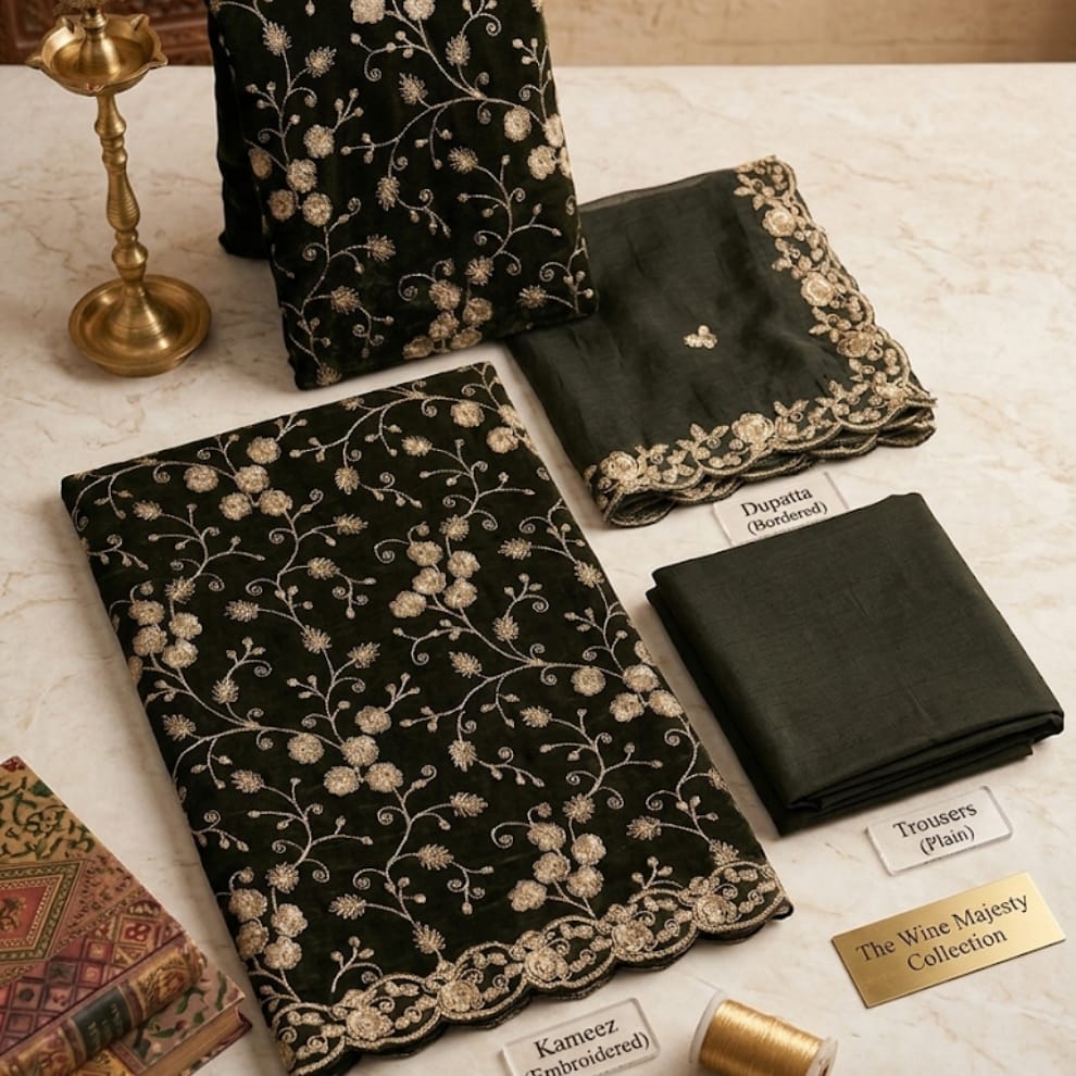 Green Premium Unstitched Designer Suit Set Material ( Tissue Silk)