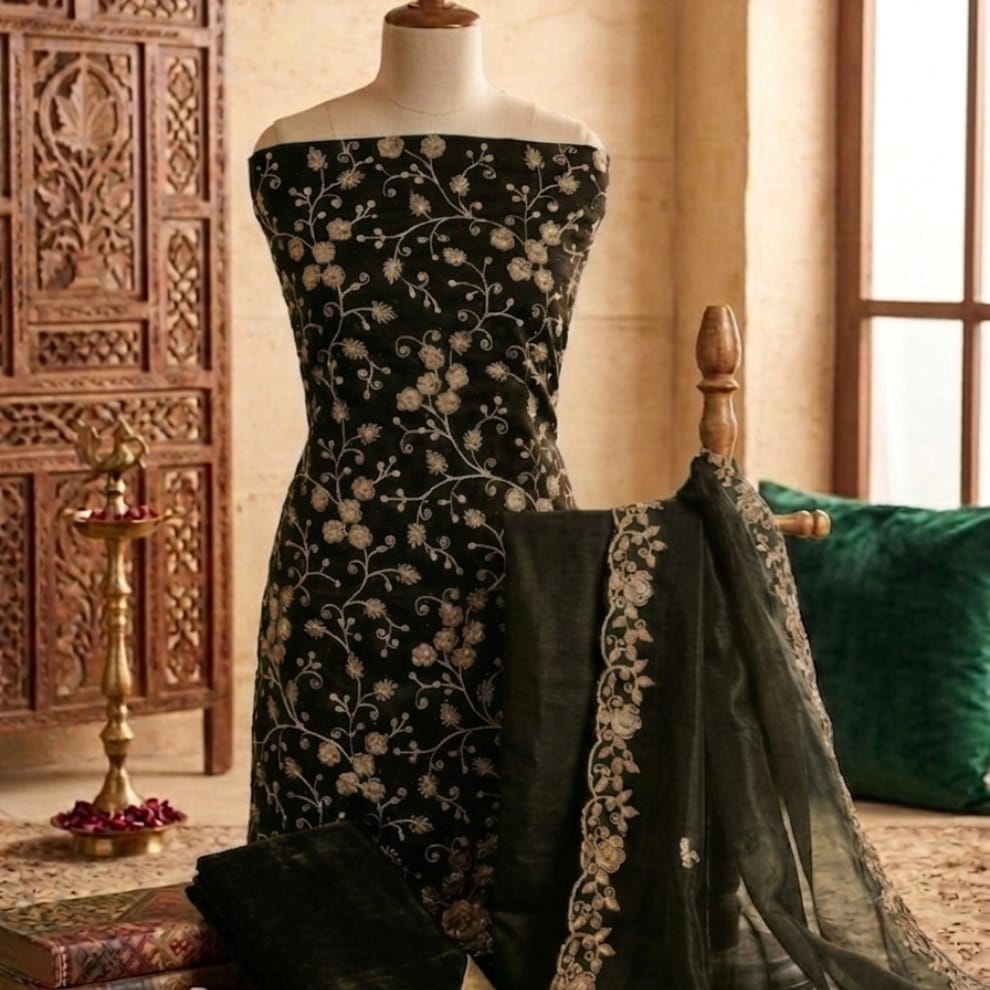 Green Premium Unstitched Designer Suit Set Material ( Tissue Silk)
