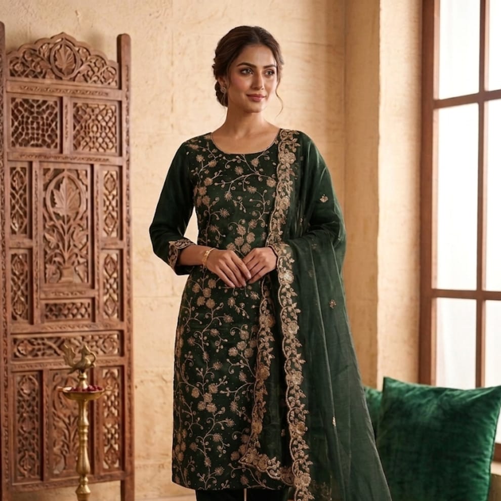 Green Premium Unstitched Designer Suit Set Material ( Tissue Silk)