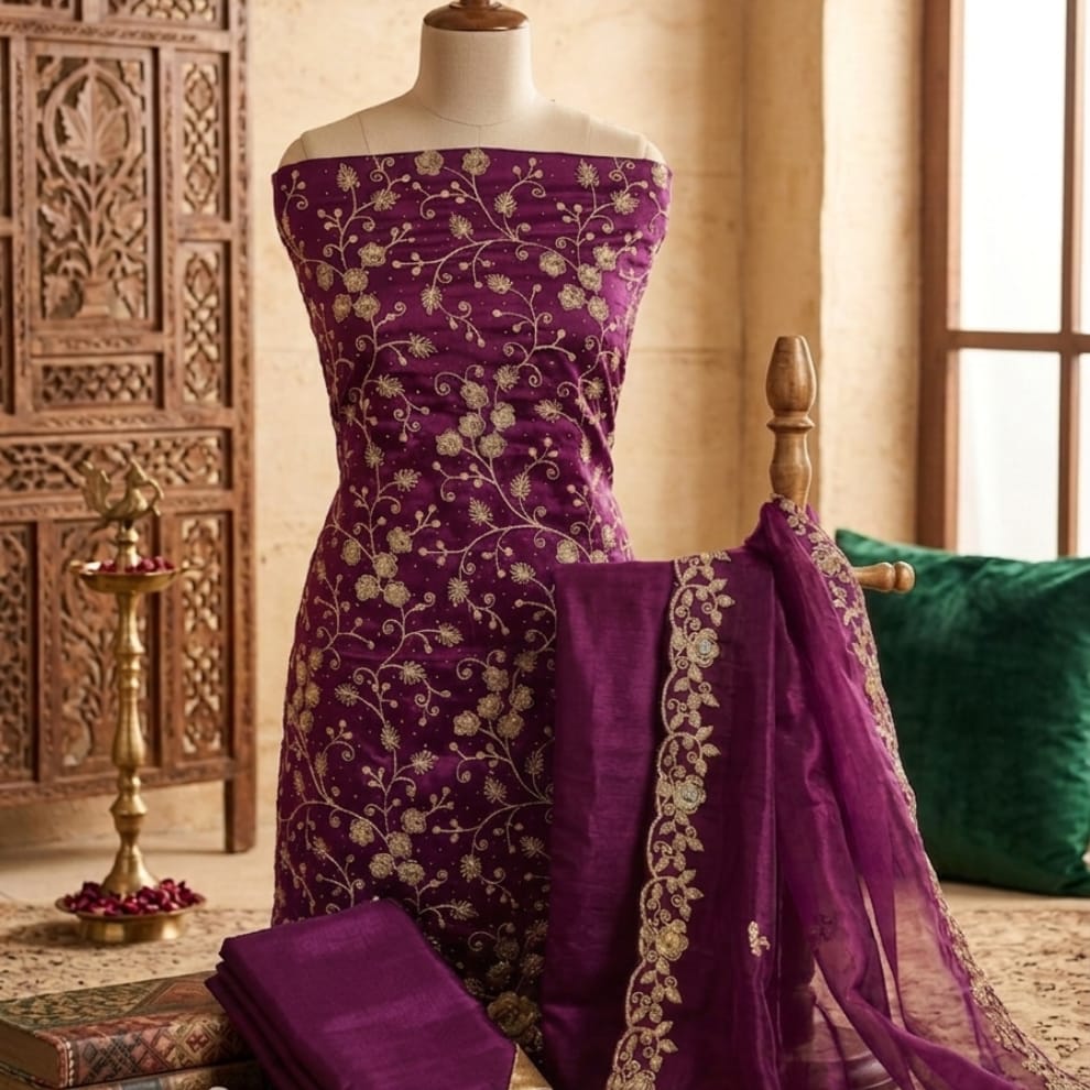 Wine Premium Unstitched Designer Suit Set Material ( Tissue Silk)