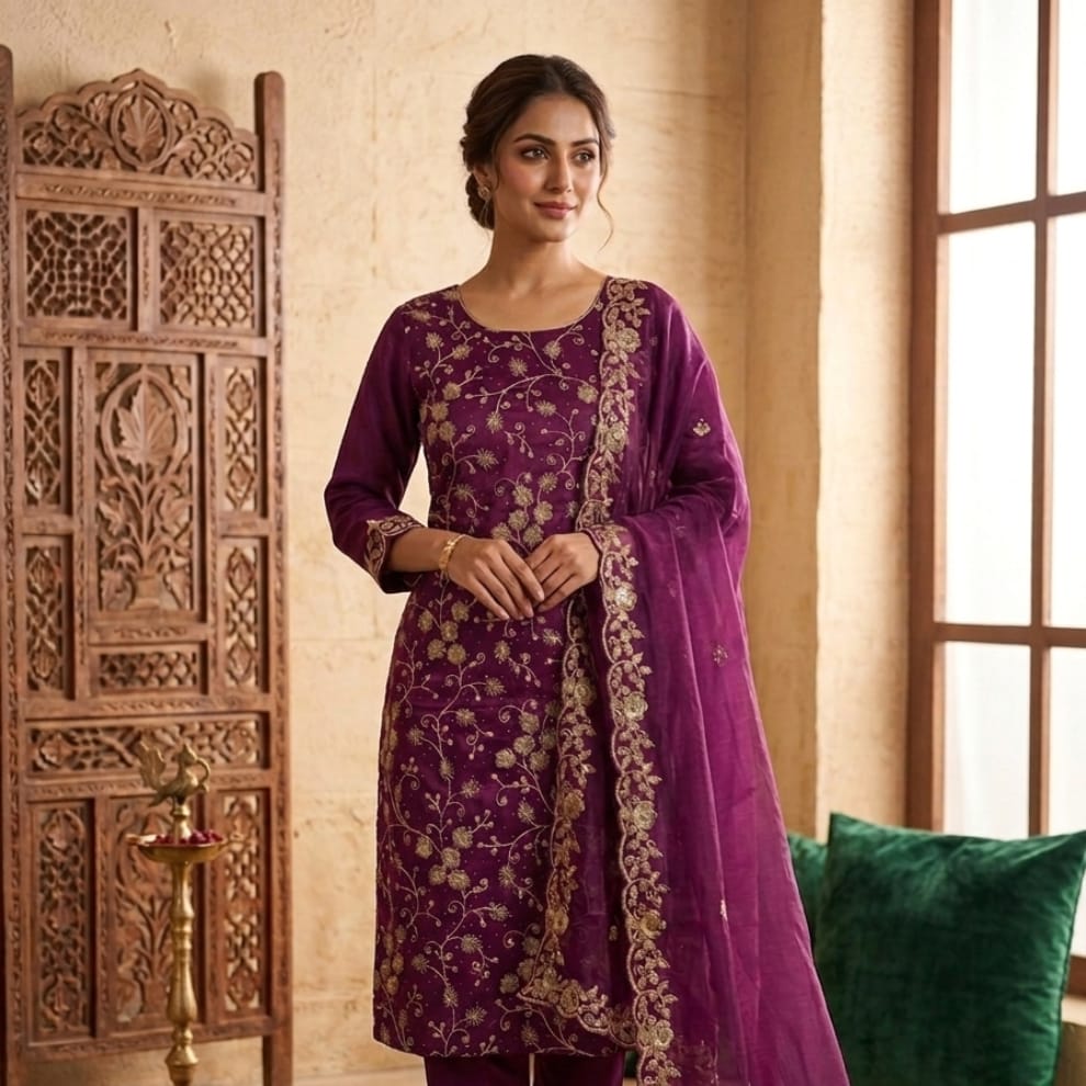 Wine Premium Unstitched Designer Suit Set Material ( Tissue Silk)