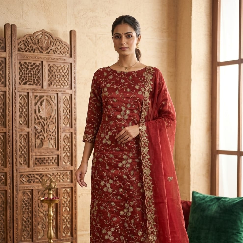 Maroon Premium Unstitched Designer Suit Set Material ( Tissue Silk)