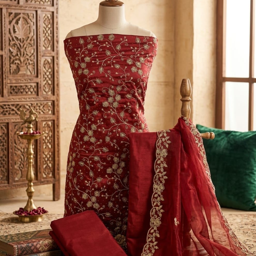 Maroon Premium Unstitched Designer Suit Set Material ( Tissue Silk)