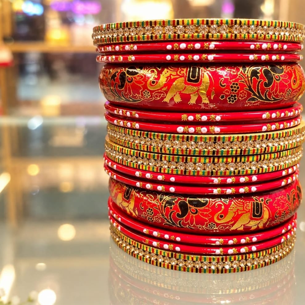Red Handprinted Lac Bangles Set – Meenakari Style