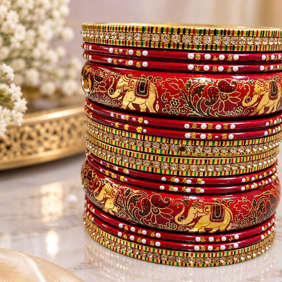 Maroon Handprinted Lac Bangles Set – Meenakari Style