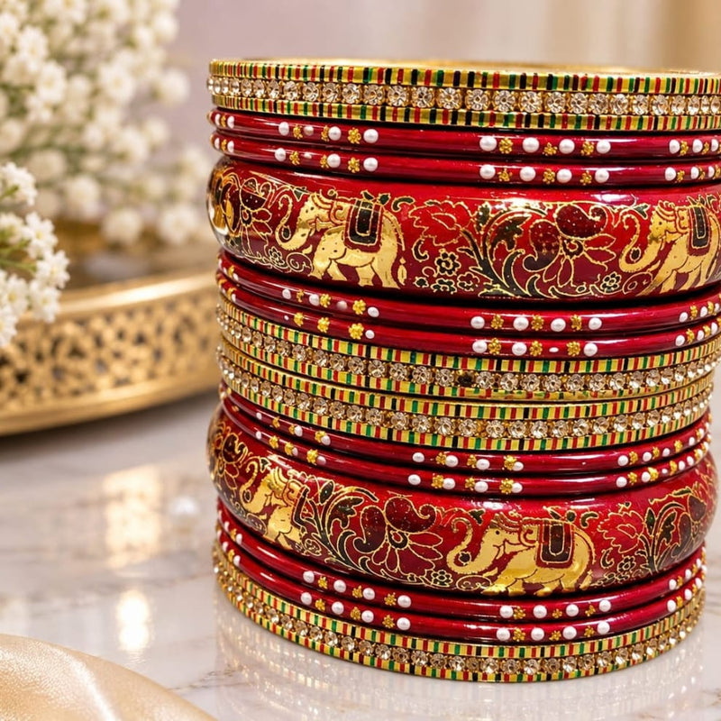 Maroon Handprinted Lac Bangles Set – Meenakari Style