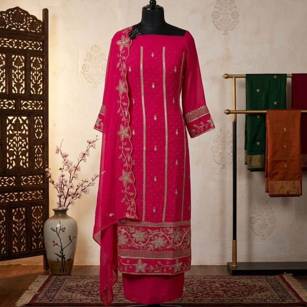 Zareen Floral Georgette Unstitched Suit Set - Pink