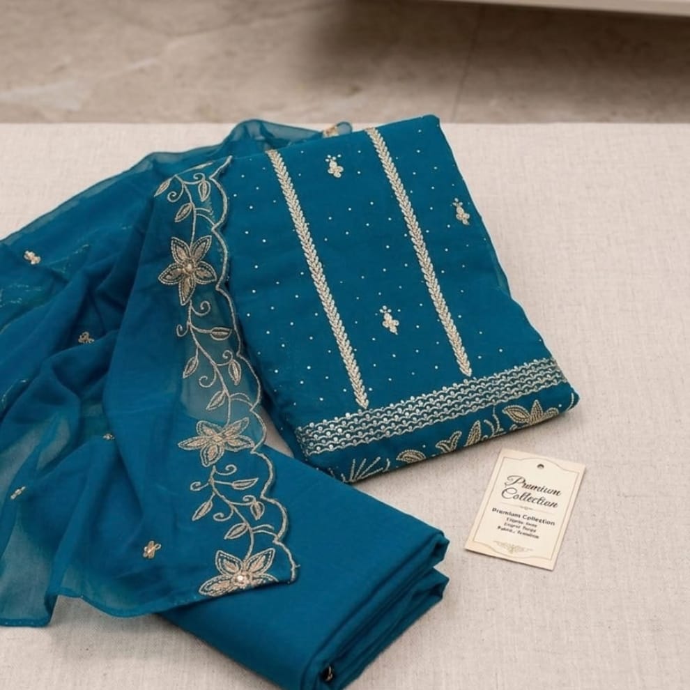 Zareen Floral Georgette Unstitched Suit Set - Blue