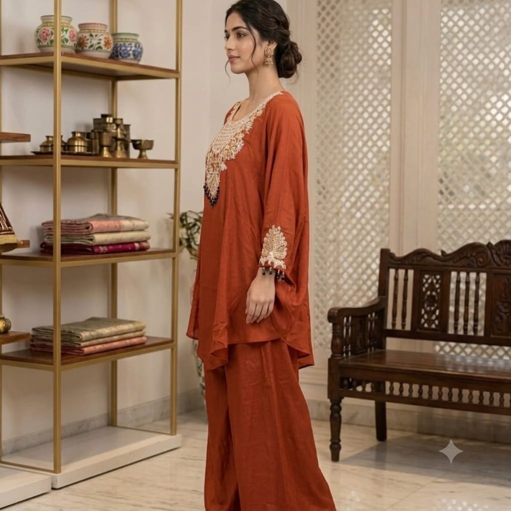 Rust Royale Embroidered Kaftan Palazzo Set