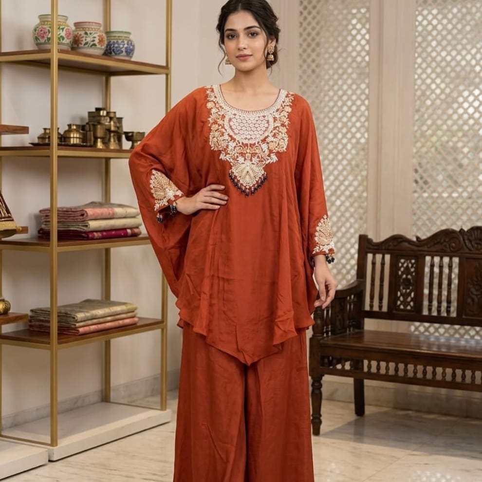 Rust Royale Embroidered Kaftan Palazzo Set