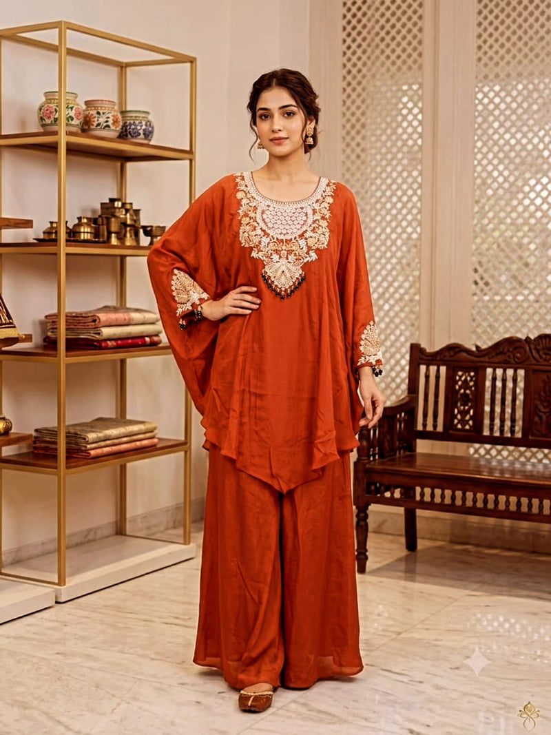 Rust Royale Embroidered Kaftan Palazzo Set