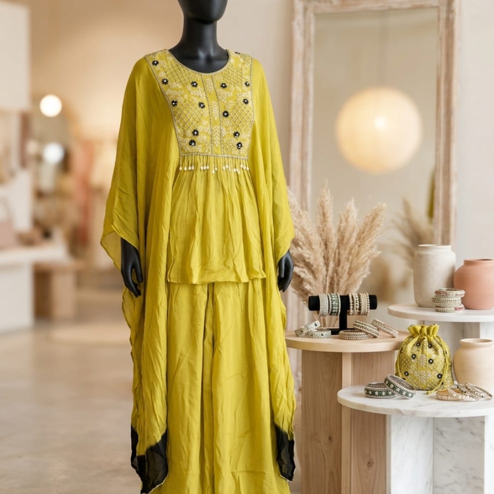 Chinon Embroidered Kaftan & Palazzo Set – Yellow