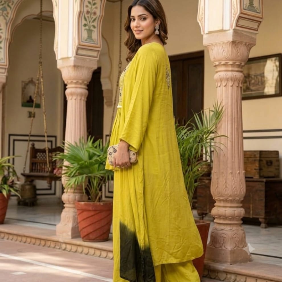 Chinon Embroidered Kaftan & Palazzo Set – Yellow