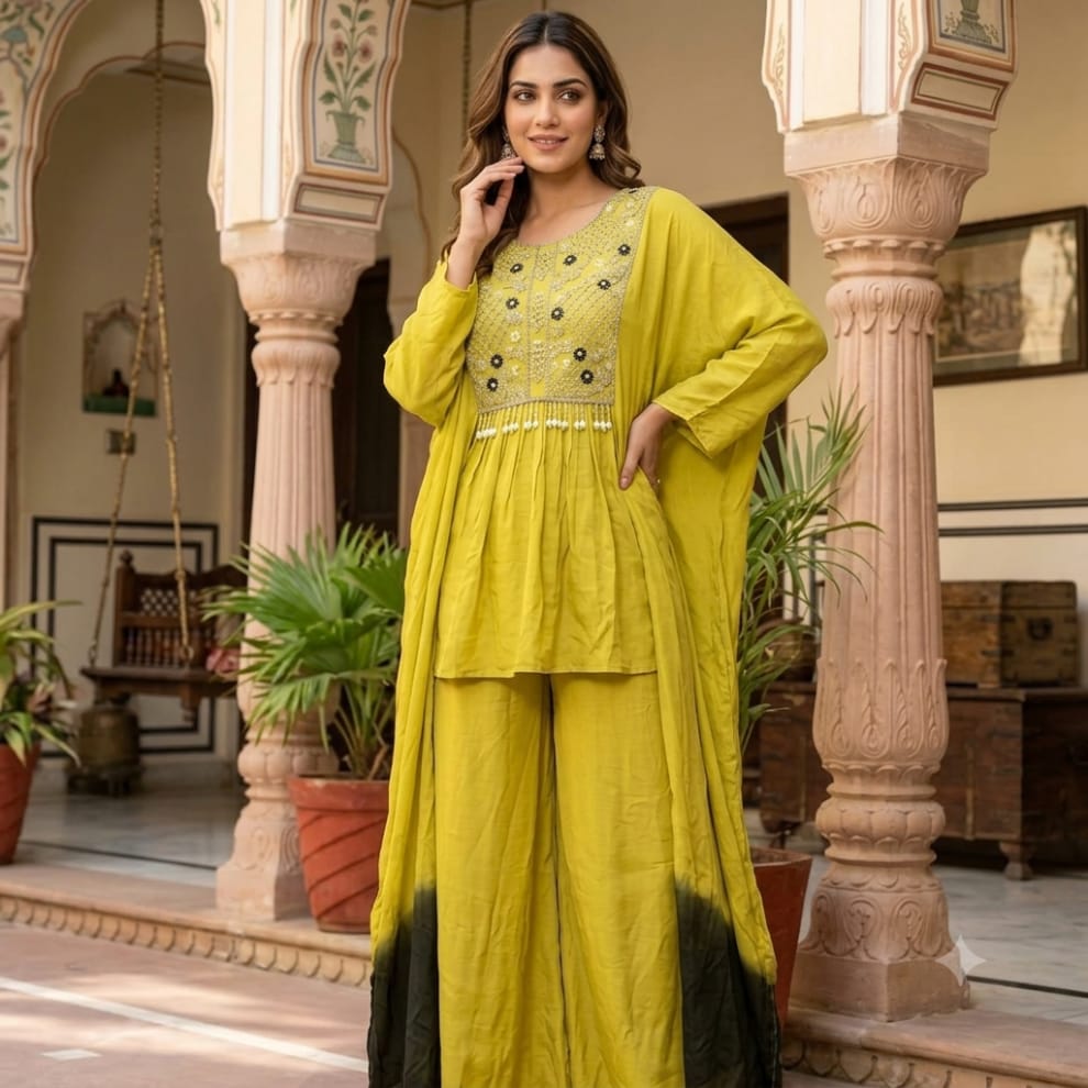 Chinon Embroidered Kaftan & Palazzo Set – Yellow