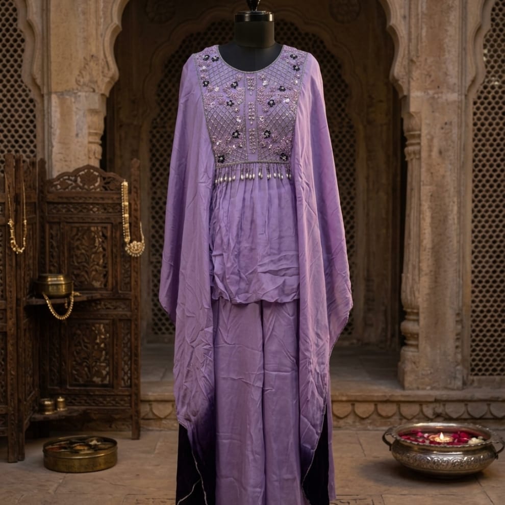 Chinon Embroidered Kaftan & Palazzo Set – Purple
