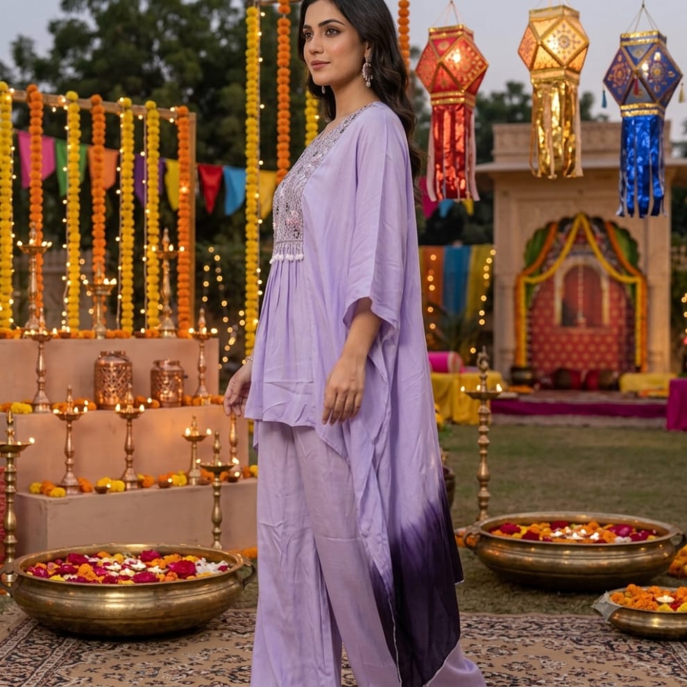 Chinon Embroidered Kaftan & Palazzo Set – Purple