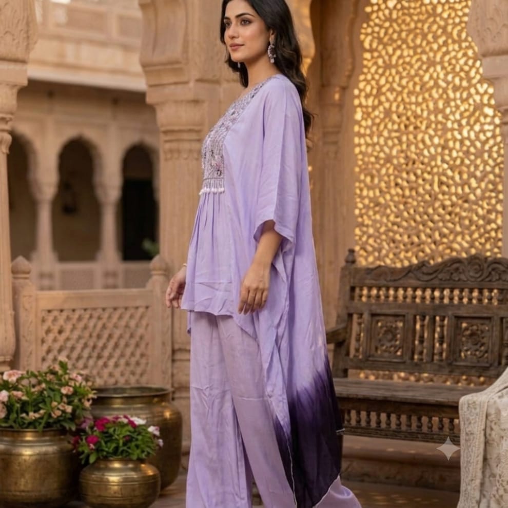 Chinon Embroidered Kaftan & Palazzo Set – Purple