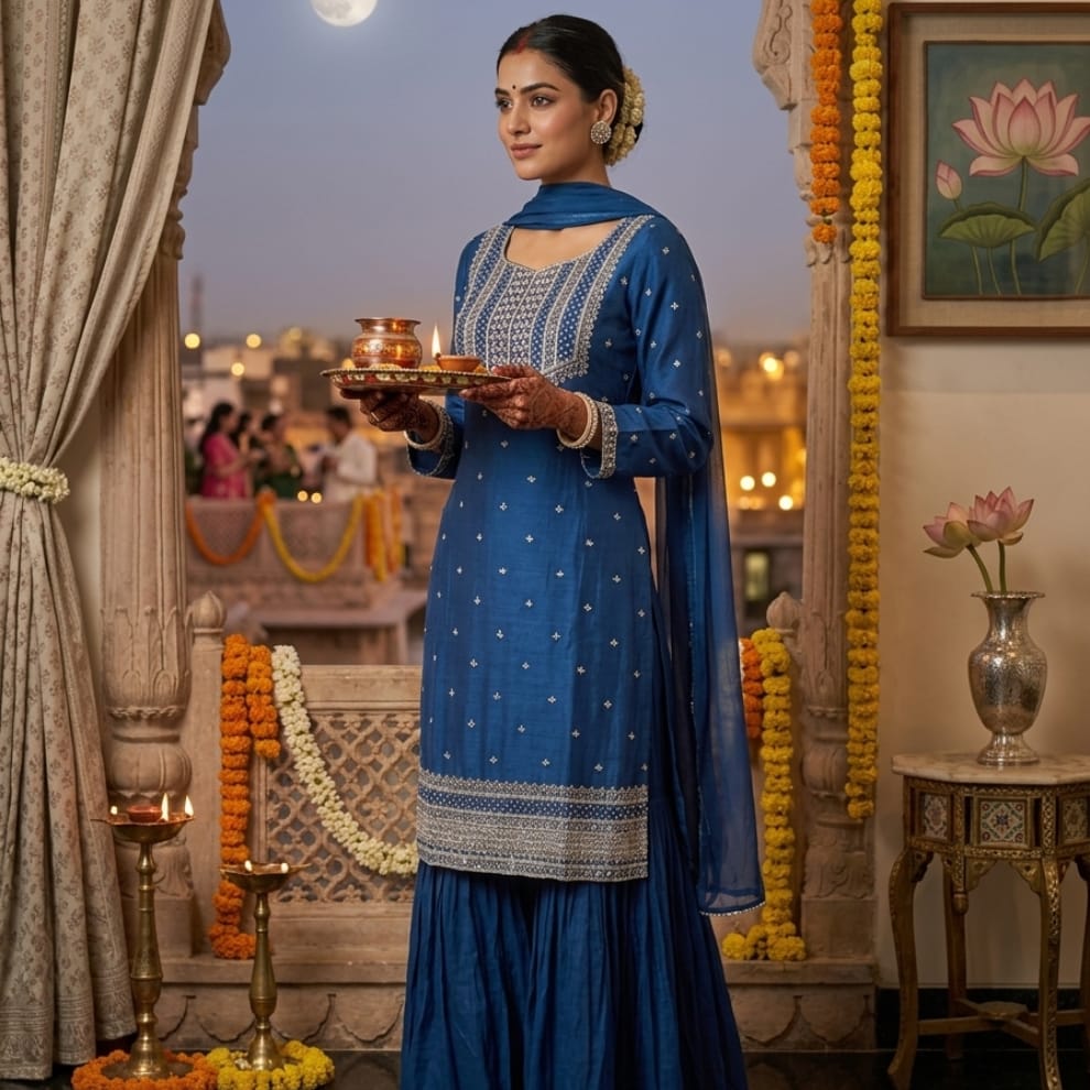Royal Blue Mirror Work Kurta Palazzo Set